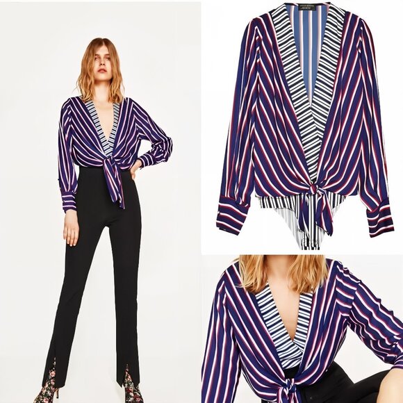 SzS Zara Wrap Bodysuit with Knotted Front & Red/Blue Stripes - EUC - Picture 12 of 12